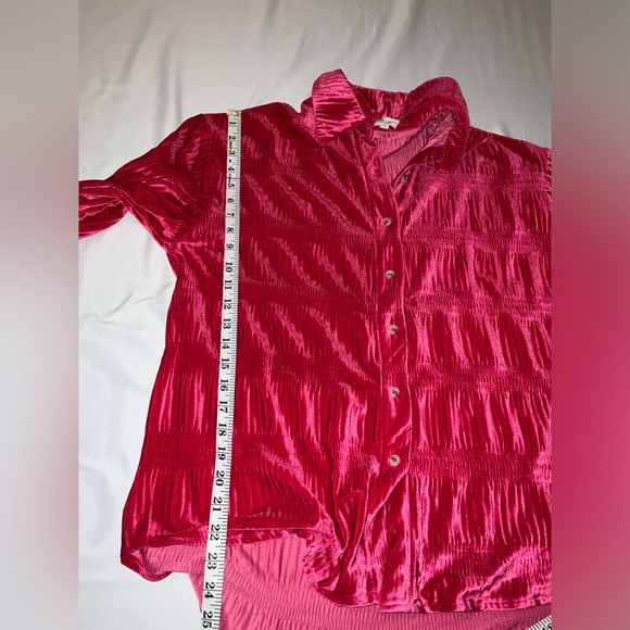 OVERSIZED Bibi Fuscia Velvet button down shirt with tiered shirring - size small - Picture 8 of 12